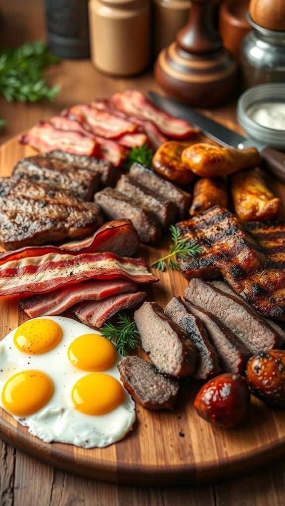A selection of cooked meats including steak, bacon, chicken, and eggs on a wooden board.
